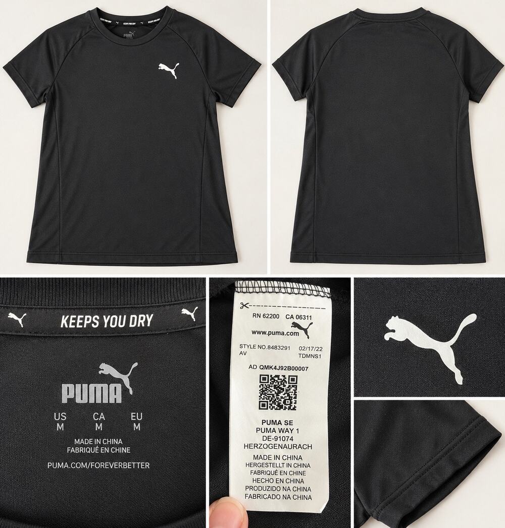 Puma Men’s M Black Dry Performance Crewneck Shirt White Cat Logo Athletic Tee